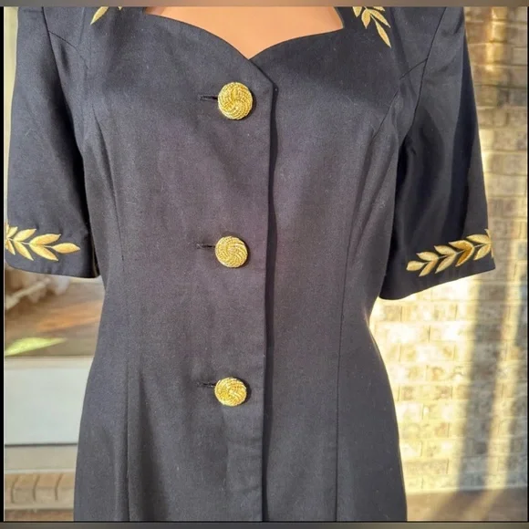 Vintage Black Midi Dress Gold Button Embroidered Trim Ann Tobias Size 8 USA - Picture 4 of 9